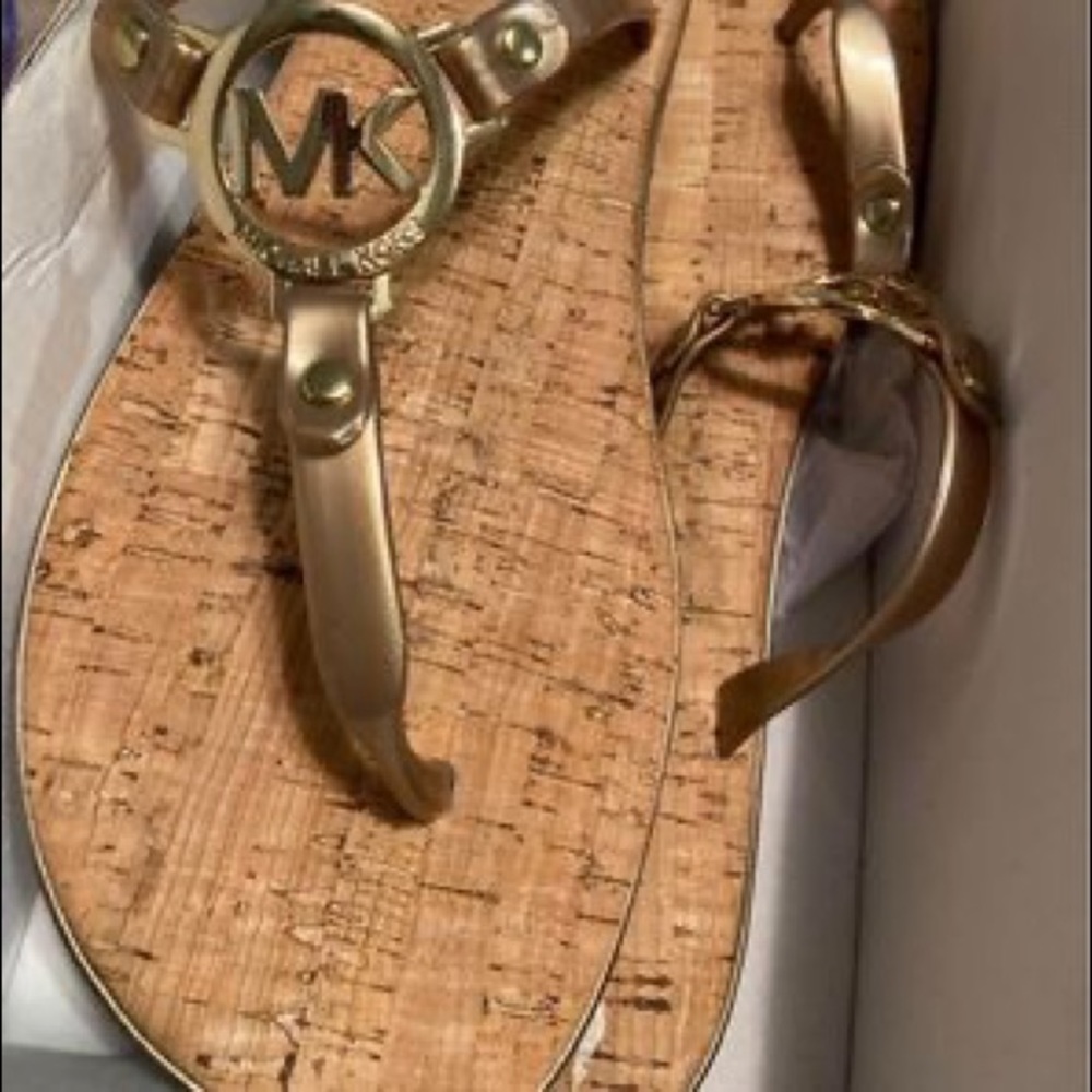 New Michael Kors Gold thong cork sandals.